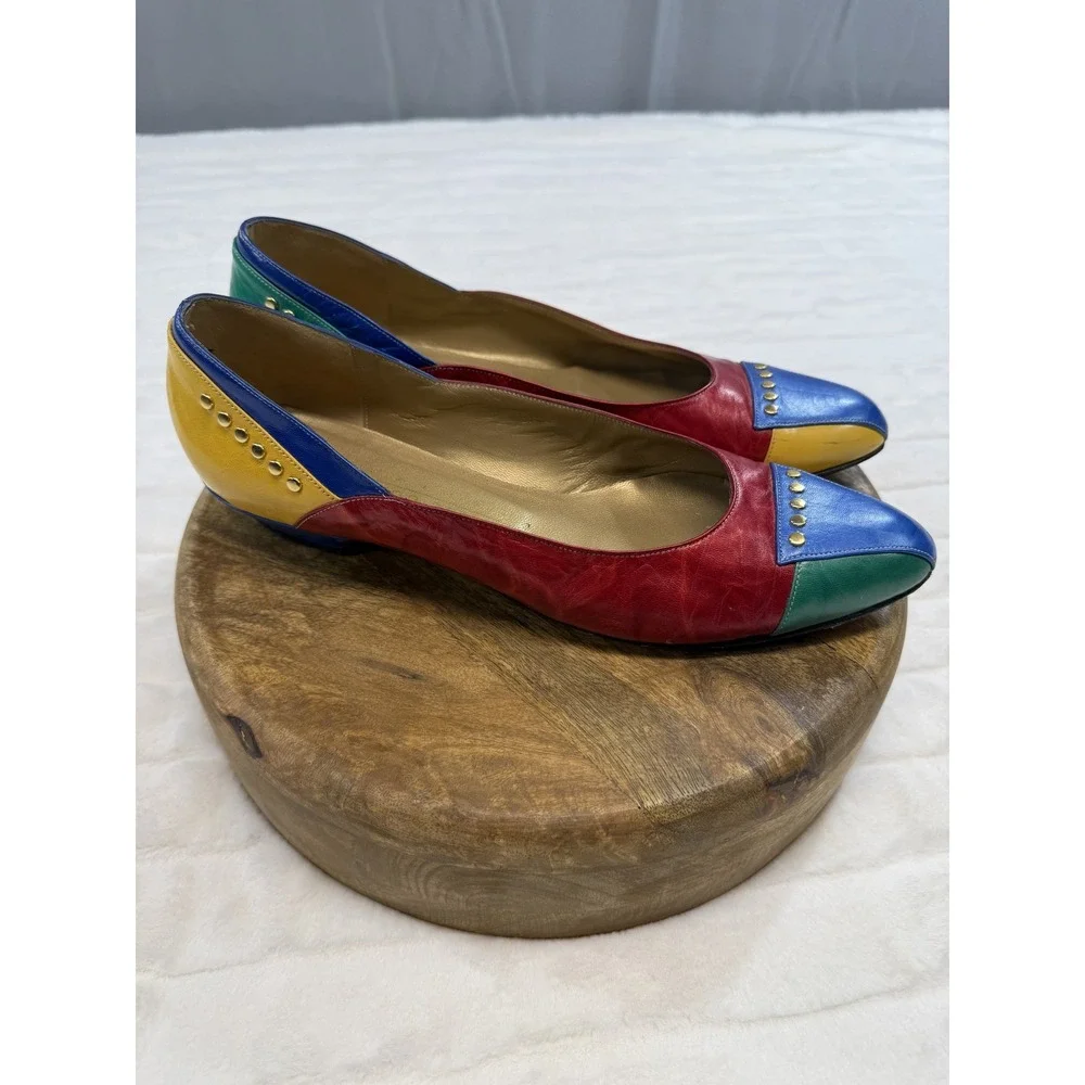 Vintage Thomas Cort Shoes Womens Size 10 AA Multicolor Leather Studded Flats 80s
